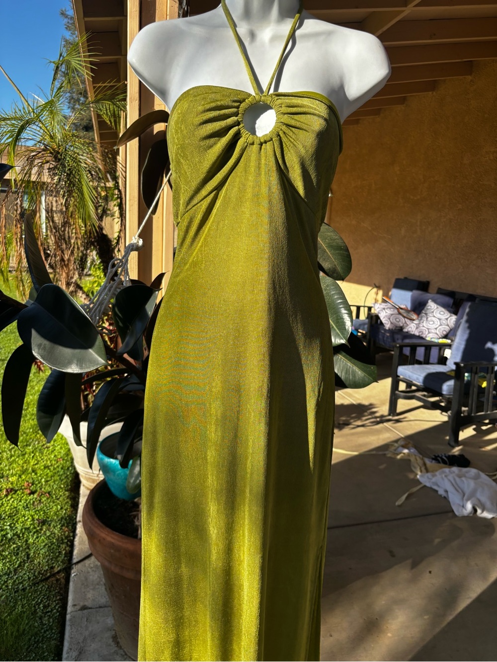 Inspired Hearts Olive Green Halter Maxi Dress with Ring Detail